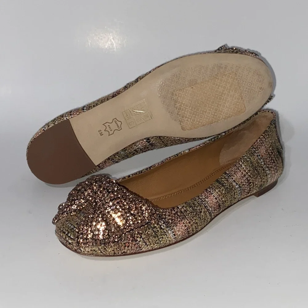 Tory Burch Crystal Bow Pink Tweed Ballet Flats Rose Gold Bronze Women's 5 $328